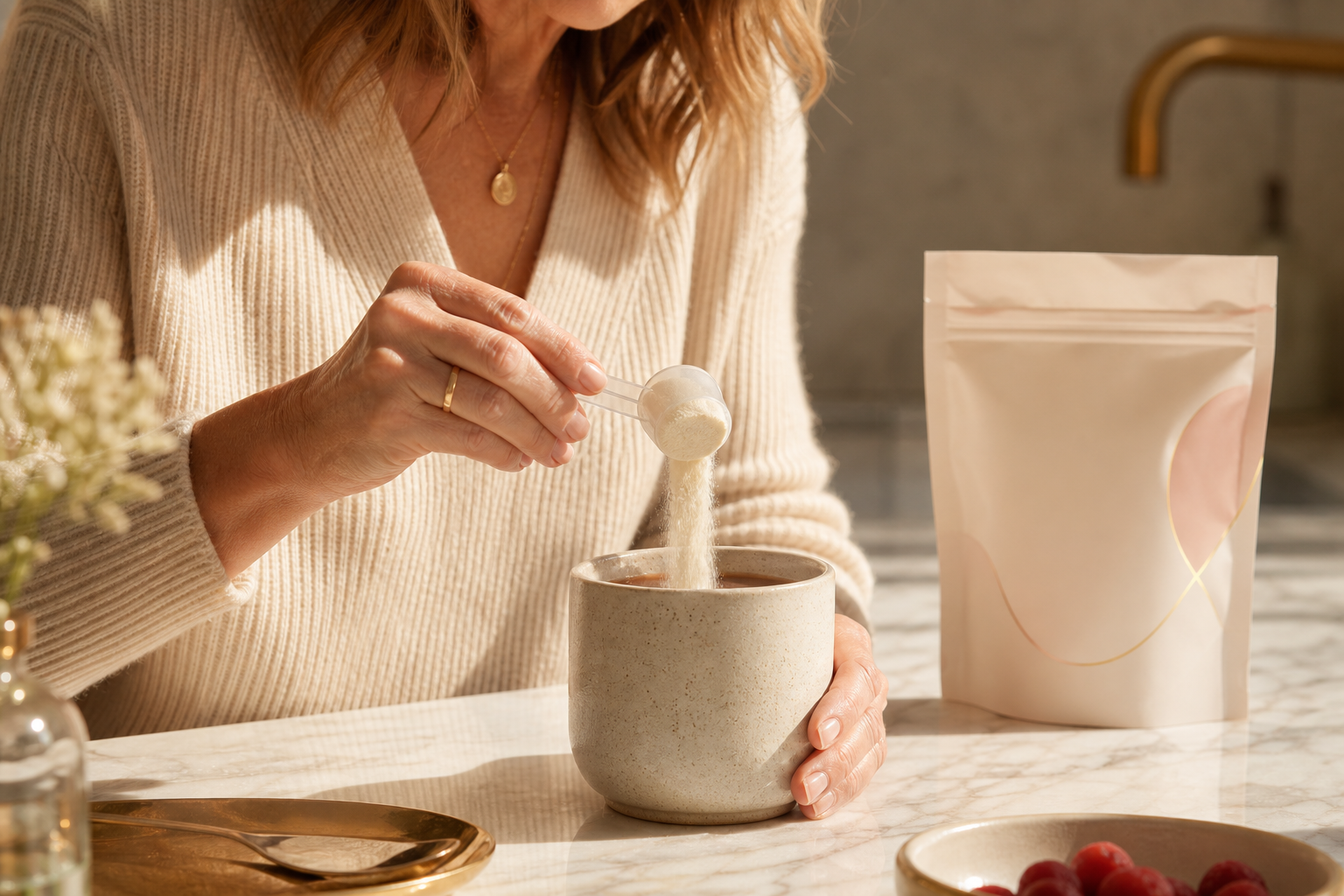 One scoop of collagen stirred into morning coffee — the daily ritual